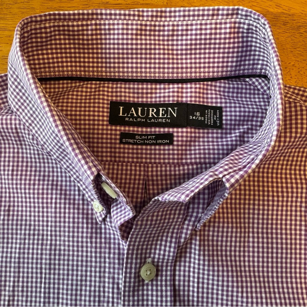 LRL Mens 16 34/35 Ralph Lauren Gingham Purple Slim Plaid Button Down Dress Shirt